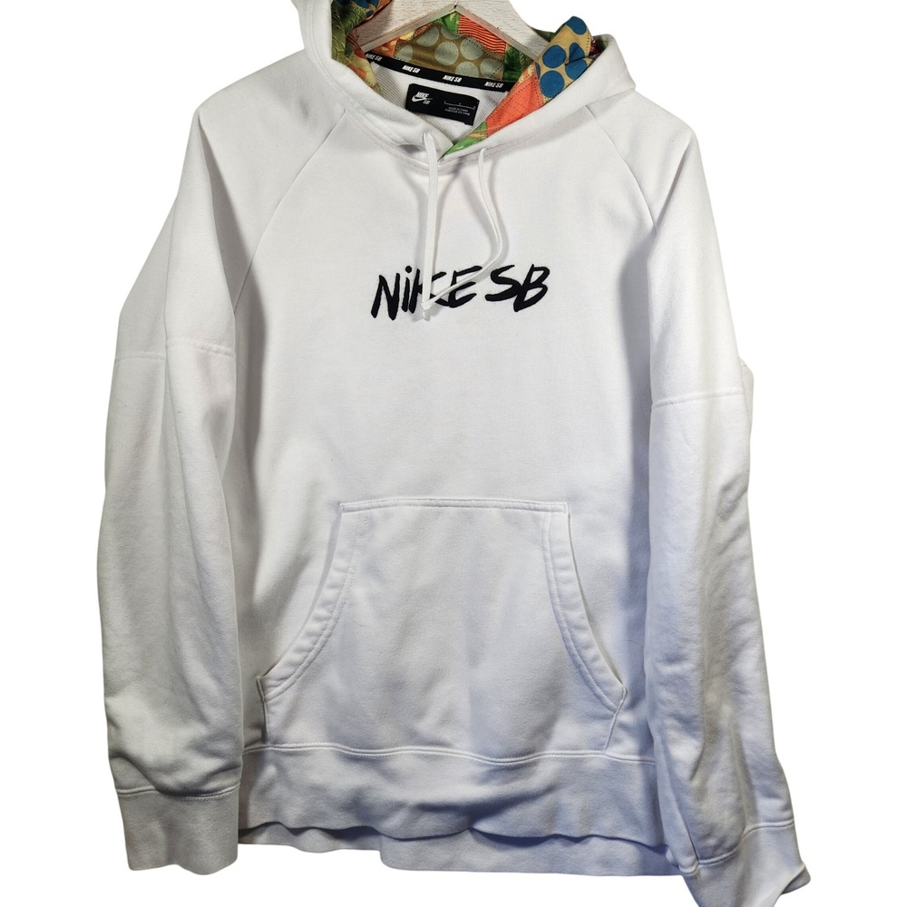 Nike SB Mens White Patchwork Hood Pullover Hoodie Large‎ Skateboarding Logo